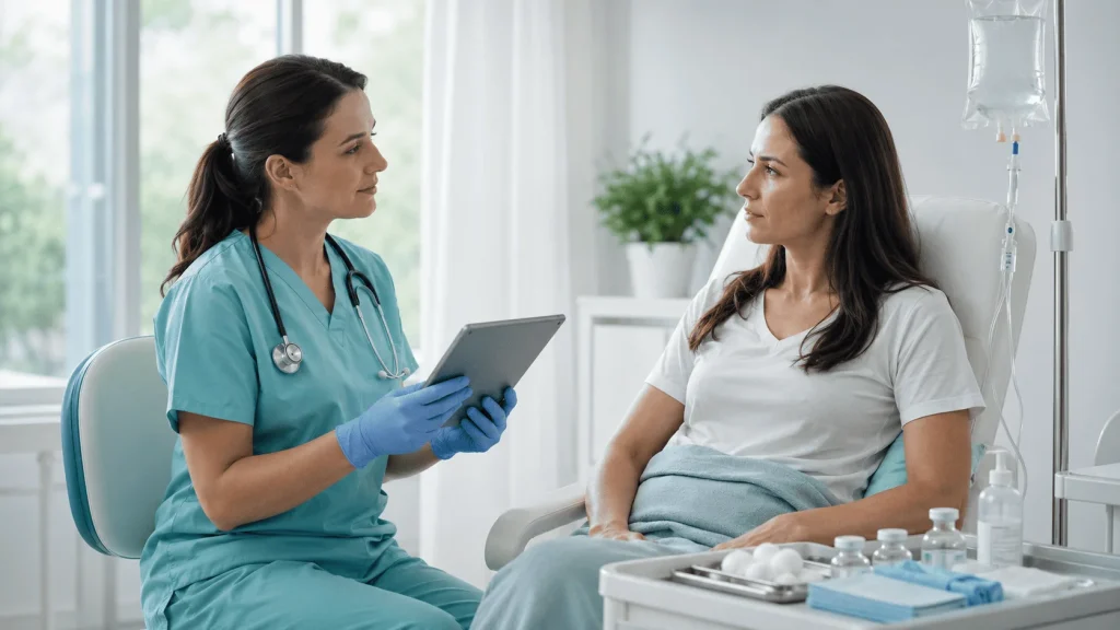Profesional de salud orientando a un paciente antes de aplicar un suero intravenoso