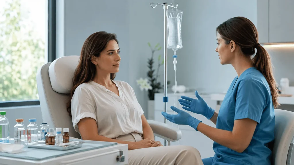 Profesional de salud explicando un suero vitaminado intravenoso a una paciente en un consultorio médico moderno